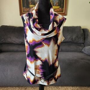 Worthington Cowl Sleeveless Top Dressy Dress Belt Purple Cream Black